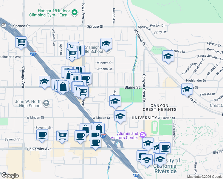 map of restaurants, bars, coffee shops, grocery stores, and more near 1110 West Blaine Street in Riverside