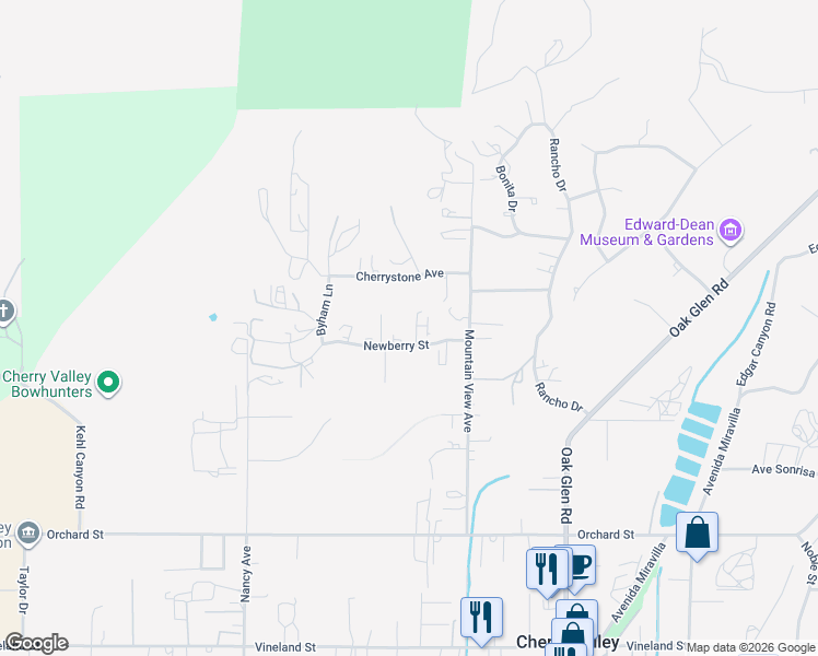 map of restaurants, bars, coffee shops, grocery stores, and more near 38850 Newberry Street in Cherry Valley