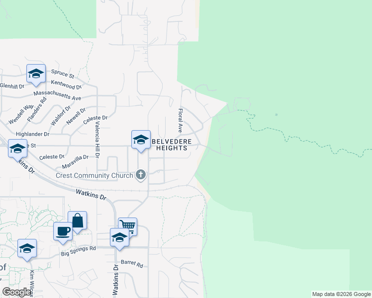 map of restaurants, bars, coffee shops, grocery stores, and more near 250 East Blaine Street in Riverside