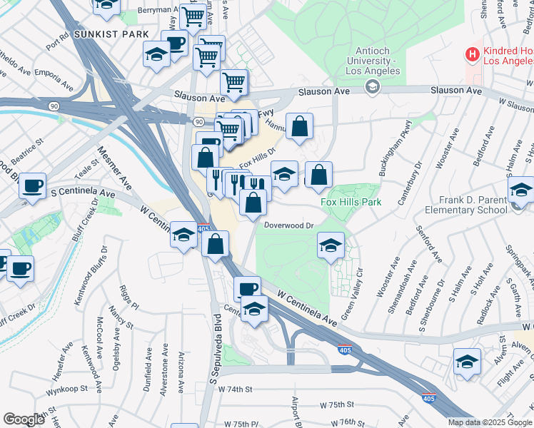 map of restaurants, bars, coffee shops, grocery stores, and more near 6220 Bristol Parkway in Culver City