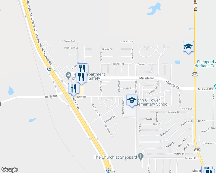 map of restaurants, bars, coffee shops, grocery stores, and more near 5 Worthington Court in Wichita Falls
