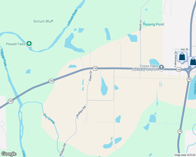 map of restaurants, bars, coffee shops, grocery stores, and more near 17190 Alabama 160 in Cleveland
