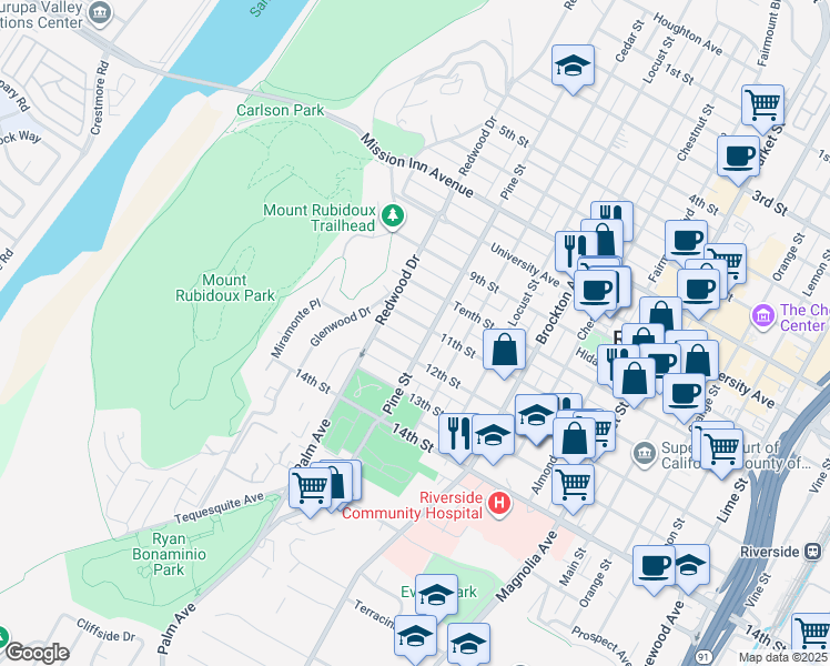 map of restaurants, bars, coffee shops, grocery stores, and more near 4424 11th Street in Riverside