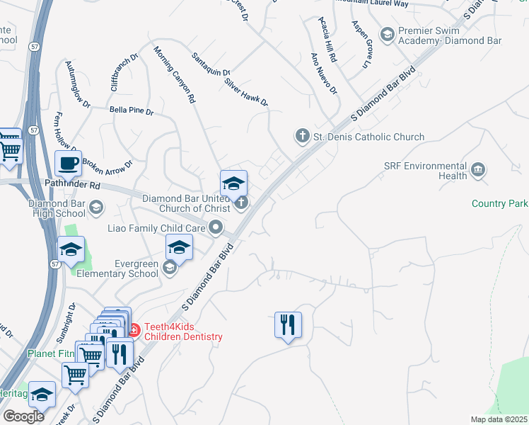 map of restaurants, bars, coffee shops, grocery stores, and more near 2320 South Diamond Bar Boulevard in Diamond Bar
