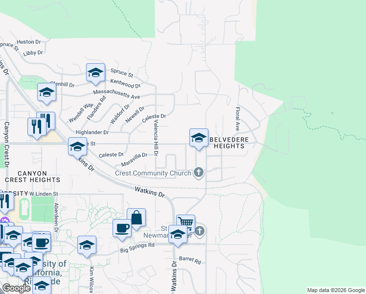 map of restaurants, bars, coffee shops, grocery stores, and more near 194 West Blaine Street in Riverside