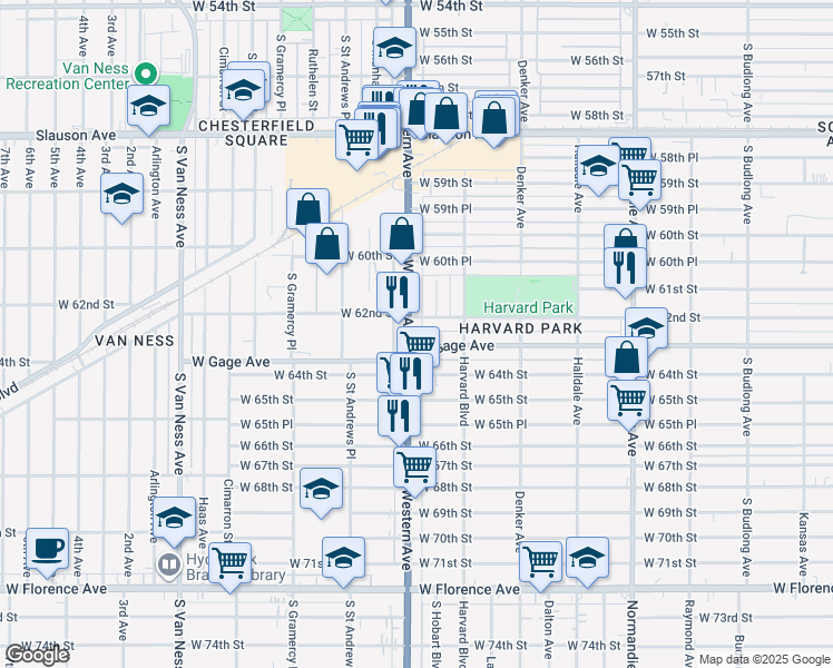 map of restaurants, bars, coffee shops, grocery stores, and more near 6214 South Western Avenue in Los Angeles