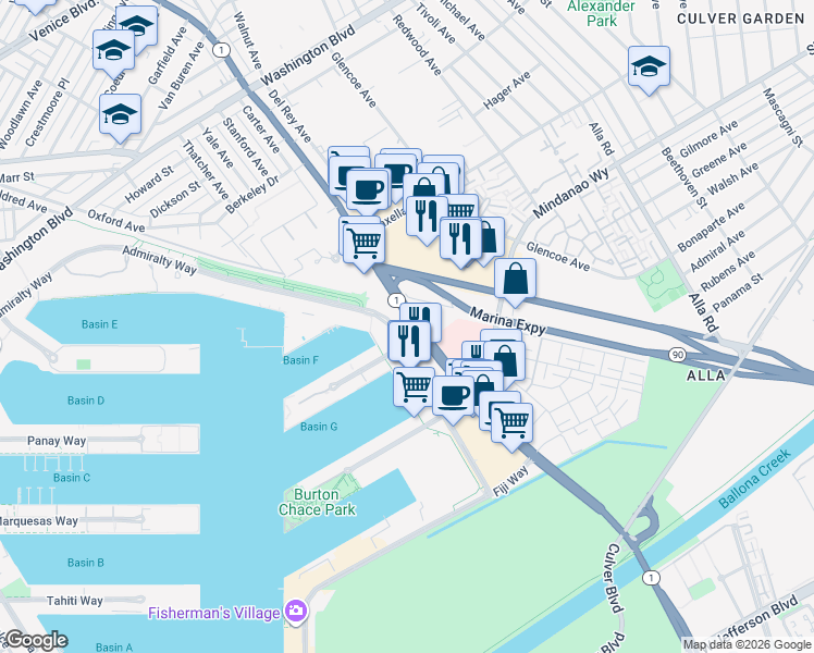 map of restaurants, bars, coffee shops, grocery stores, and more near 4560 Admiralty Way in Marina del Rey
