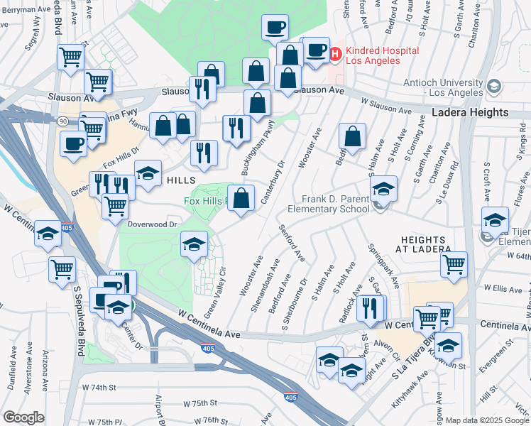 map of restaurants, bars, coffee shops, grocery stores, and more near 6050 Canterbury Drive in Culver City