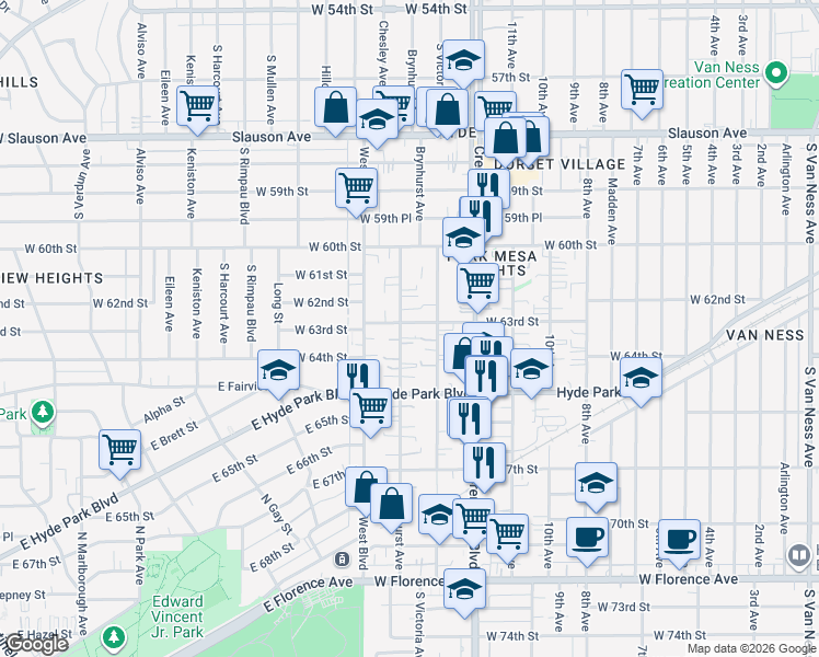 map of restaurants, bars, coffee shops, grocery stores, and more near 6314 Brynhurst Avenue in Los Angeles