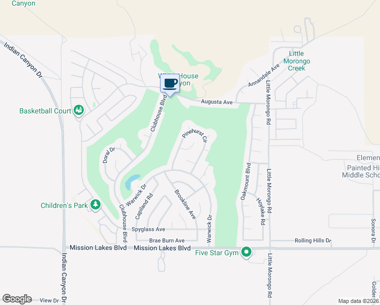 map of restaurants, bars, coffee shops, grocery stores, and more near 64605 Vardon Court in Desert Hot Springs