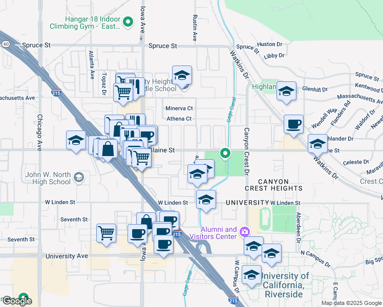 map of restaurants, bars, coffee shops, grocery stores, and more near in Riverside