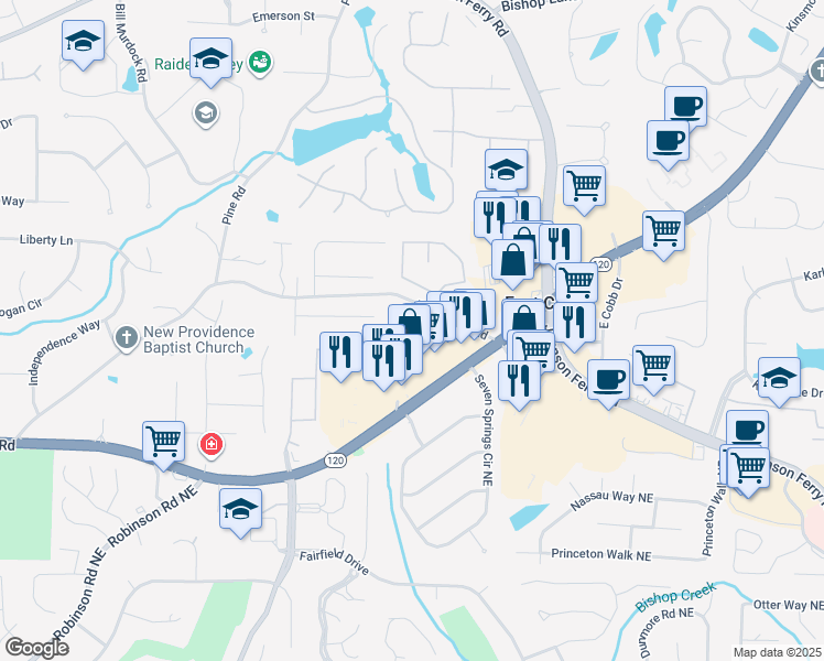map of restaurants, bars, coffee shops, grocery stores, and more near 1460 Grayson Court in Marietta