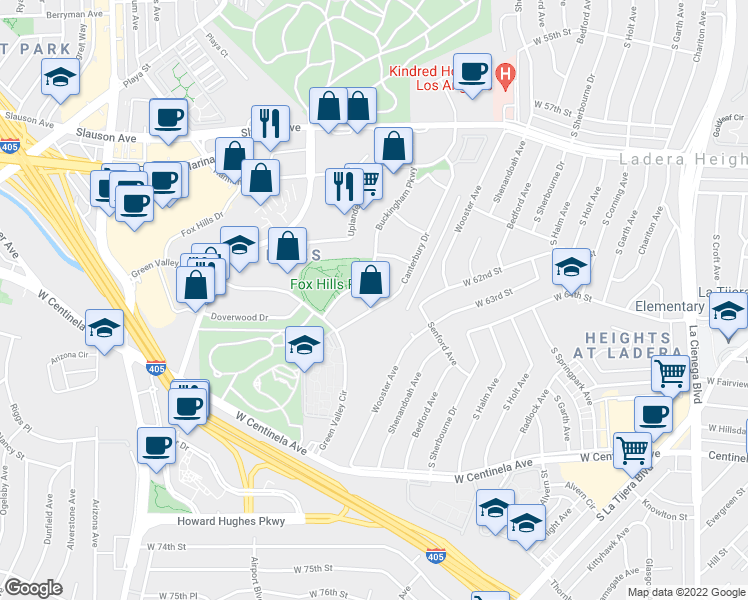 map of restaurants, bars, coffee shops, grocery stores, and more near 6225 Canterbury Drive in Culver City