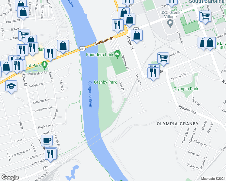 map of restaurants, bars, coffee shops, grocery stores, and more near 101R Gist Street in Columbia