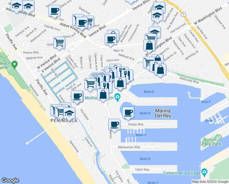 map of restaurants, bars, coffee shops, grocery stores, and more near 4175 Admiralty Way in Marina del Rey