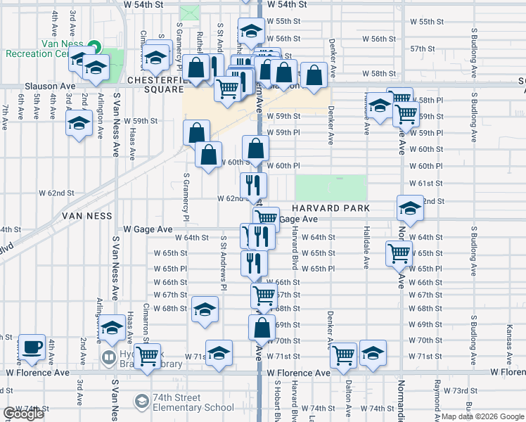 map of restaurants, bars, coffee shops, grocery stores, and more near 6214 South Western Avenue in Los Angeles