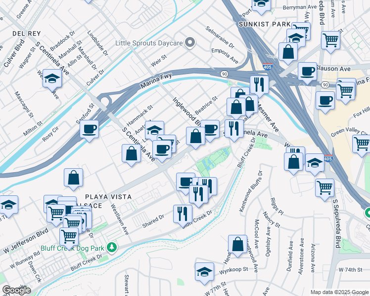map of restaurants, bars, coffee shops, grocery stores, and more near 12067 Jefferson Boulevard in Los Angeles
