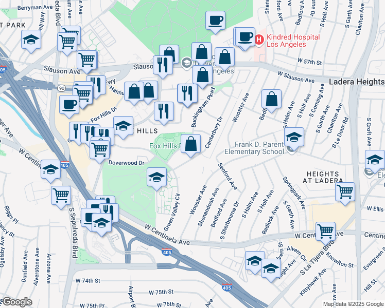 map of restaurants, bars, coffee shops, grocery stores, and more near 6199 Canterbury Drive in Culver City