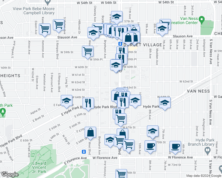 map of restaurants, bars, coffee shops, grocery stores, and more near 6304 South Victoria Avenue in Los Angeles