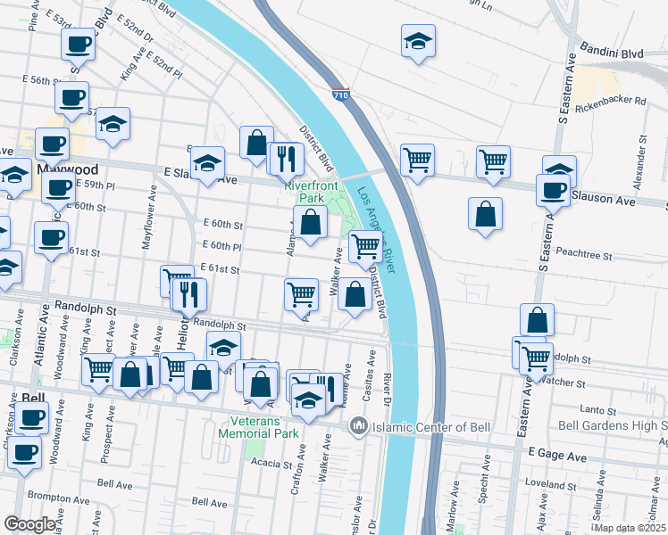 map of restaurants, bars, coffee shops, grocery stores, and more near 5121 East 61st Street in Maywood