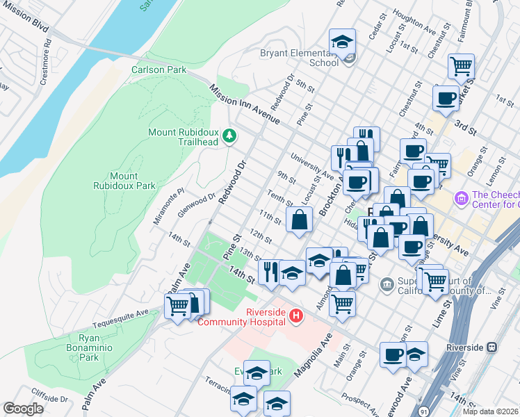 map of restaurants, bars, coffee shops, grocery stores, and more near 4372 11th Street in Riverside