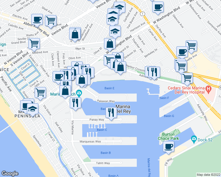 map of restaurants, bars, coffee shops, grocery stores, and more near 14031 Palawan Way in Marina del Rey