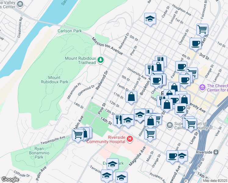 map of restaurants, bars, coffee shops, grocery stores, and more near 4096 Pine Street in Riverside