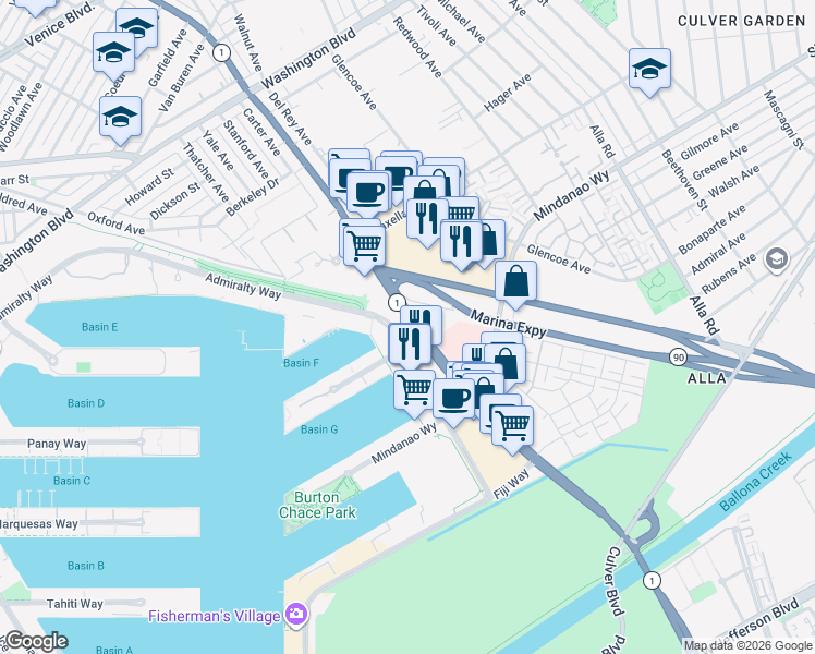 map of restaurants, bars, coffee shops, grocery stores, and more near 4560 Admiralty Way in Marina del Rey