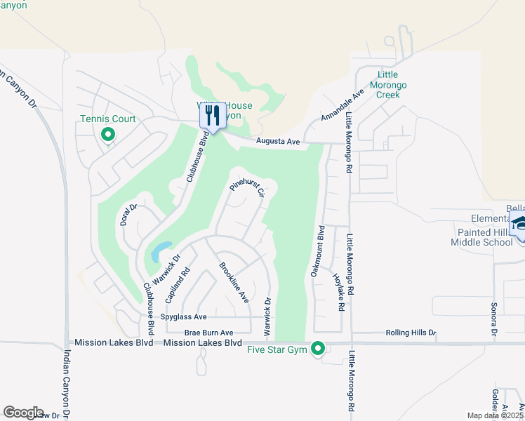 map of restaurants, bars, coffee shops, grocery stores, and more near 64754 Pinehurst Circle in Desert Hot Springs