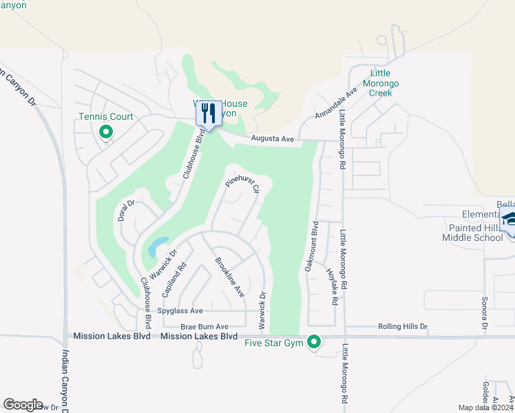 map of restaurants, bars, coffee shops, grocery stores, and more near 64754 Pinehurst Circle in Desert Hot Springs