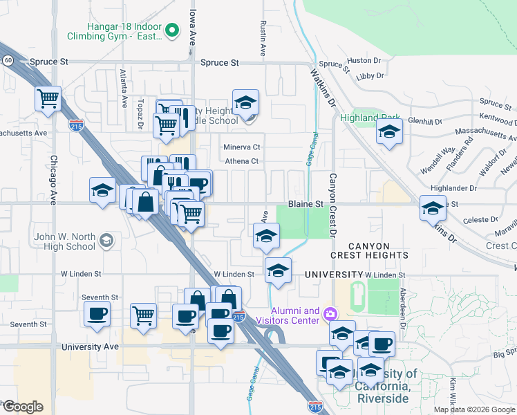 map of restaurants, bars, coffee shops, grocery stores, and more near 1130 West Blaine Street in Riverside