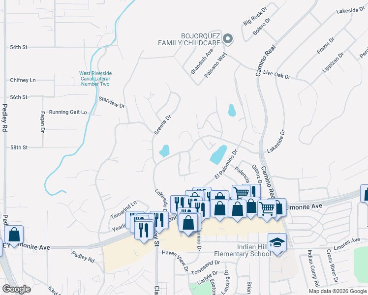 map of restaurants, bars, coffee shops, grocery stores, and more near 8105 Lakeside Drive in Riverside