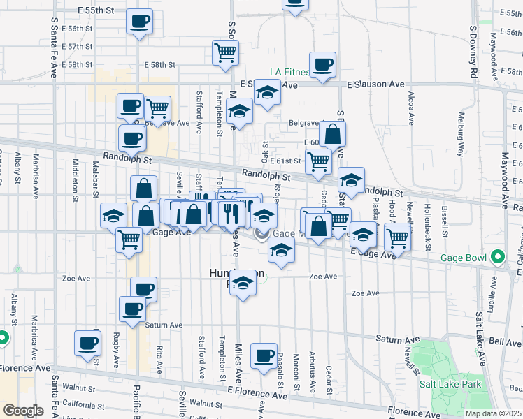 map of restaurants, bars, coffee shops, grocery stores, and more near 6334 Gentry Street in Huntington Park