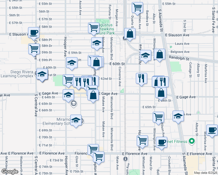 map of restaurants, bars, coffee shops, grocery stores, and more near 6318 Miramonte Boulevard in Los Angeles