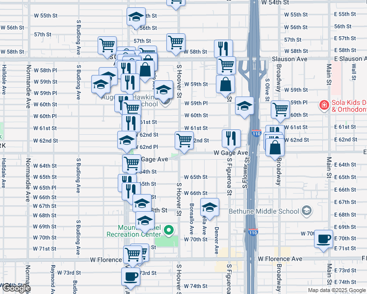 map of restaurants, bars, coffee shops, grocery stores, and more near 6265 South Hoover Street in Los Angeles