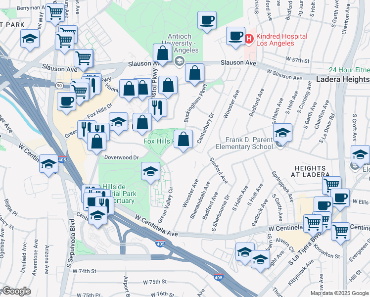 map of restaurants, bars, coffee shops, grocery stores, and more near 6225 Canterbury Drive in Culver City