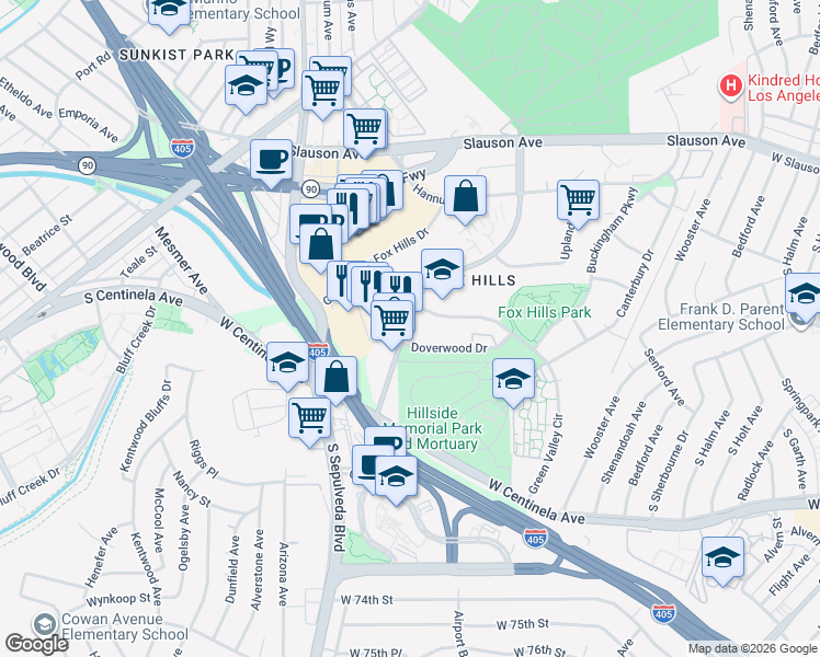 map of restaurants, bars, coffee shops, grocery stores, and more near 5883 1/2 Doverwood Drive in Culver City