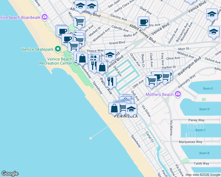 map of restaurants, bars, coffee shops, grocery stores, and more near 34 25th Place in Los Angeles