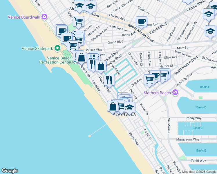 map of restaurants, bars, coffee shops, grocery stores, and more near 34 25th Place in Los Angeles