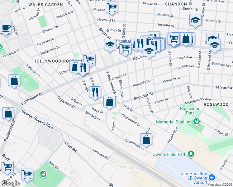 map of restaurants, bars, coffee shops, grocery stores, and more near 618 South Waccamaw Avenue in Columbia