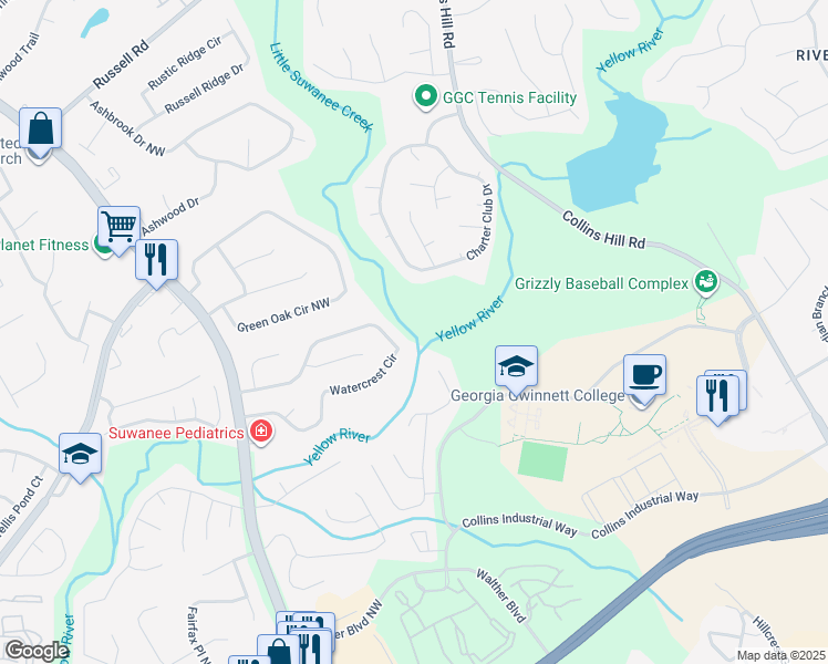 map of restaurants, bars, coffee shops, grocery stores, and more near 1725 Watercrest Circle in Lawrenceville
