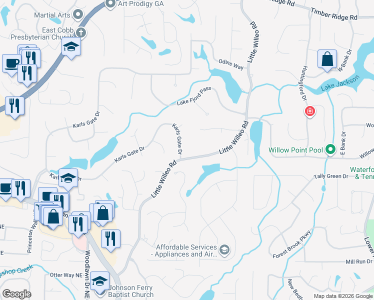 map of restaurants, bars, coffee shops, grocery stores, and more near 4345 Karls Gate Drive in Marietta