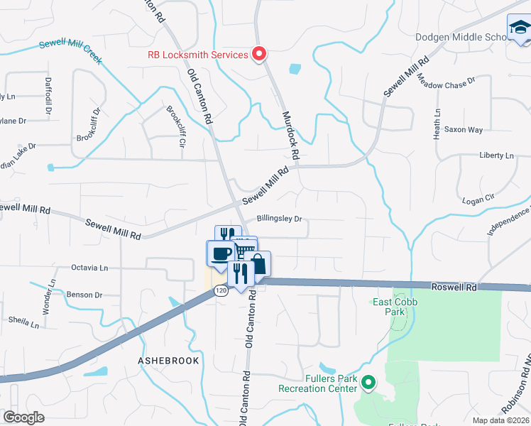 map of restaurants, bars, coffee shops, grocery stores, and more near 3508 Billingsley Drive in Marietta