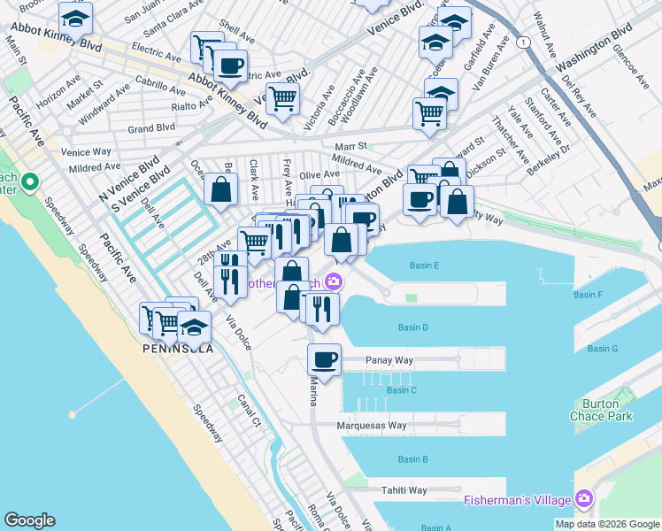 map of restaurants, bars, coffee shops, grocery stores, and more near 4171 Admiralty Way in Marina del Rey
