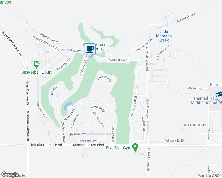 map of restaurants, bars, coffee shops, grocery stores, and more near 64754 Pinehurst Circle in Desert Hot Springs