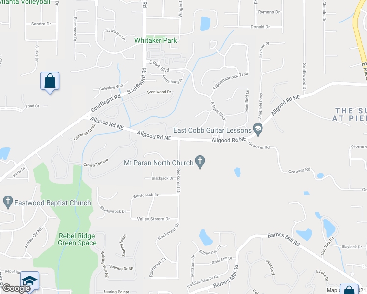 map of restaurants, bars, coffee shops, grocery stores, and more near 1290 Rockcrest Drive in Marietta