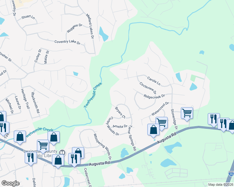 map of restaurants, bars, coffee shops, grocery stores, and more near 121 Athena Lane in Lexington