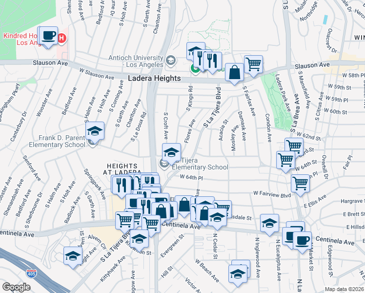 map of restaurants, bars, coffee shops, grocery stores, and more near 6209 Flores Avenue in Los Angeles