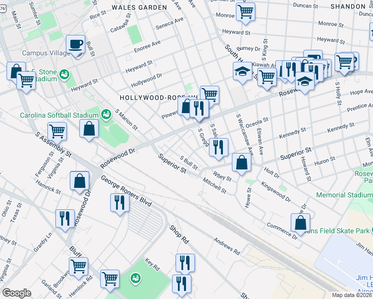 map of restaurants, bars, coffee shops, grocery stores, and more near 520 South Bull Street in Columbia