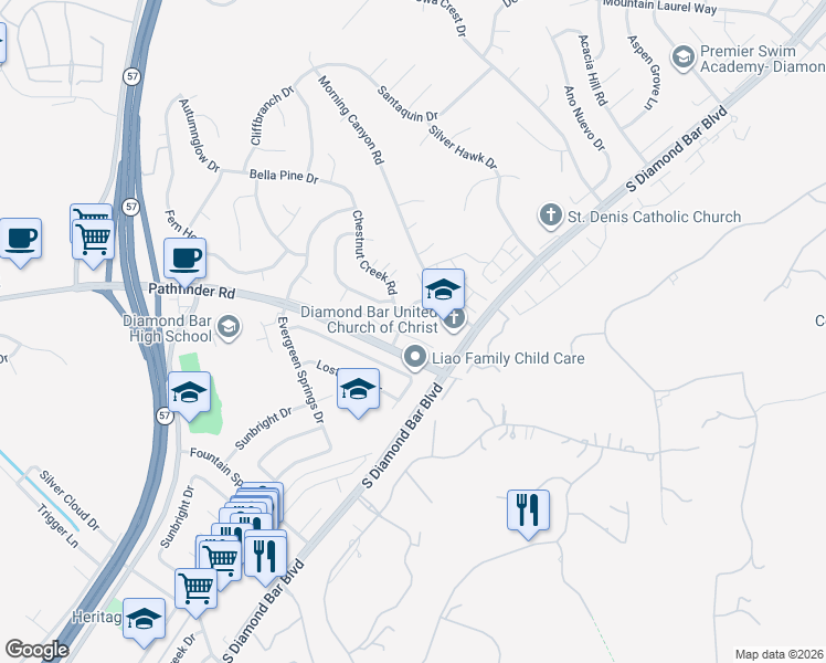map of restaurants, bars, coffee shops, grocery stores, and more near 21715 Laurelrim Drive in Diamond Bar